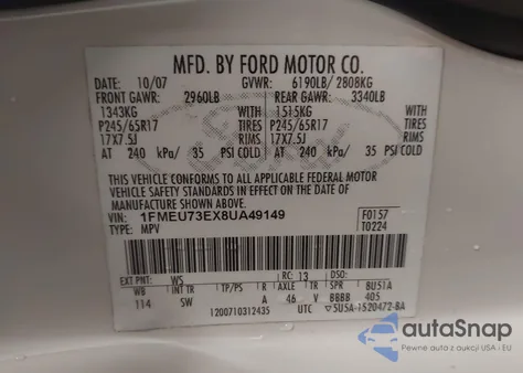 2008 Ford Explorer Xlt из США, поврежденный, VIN 1FMEU73EX8UA49146